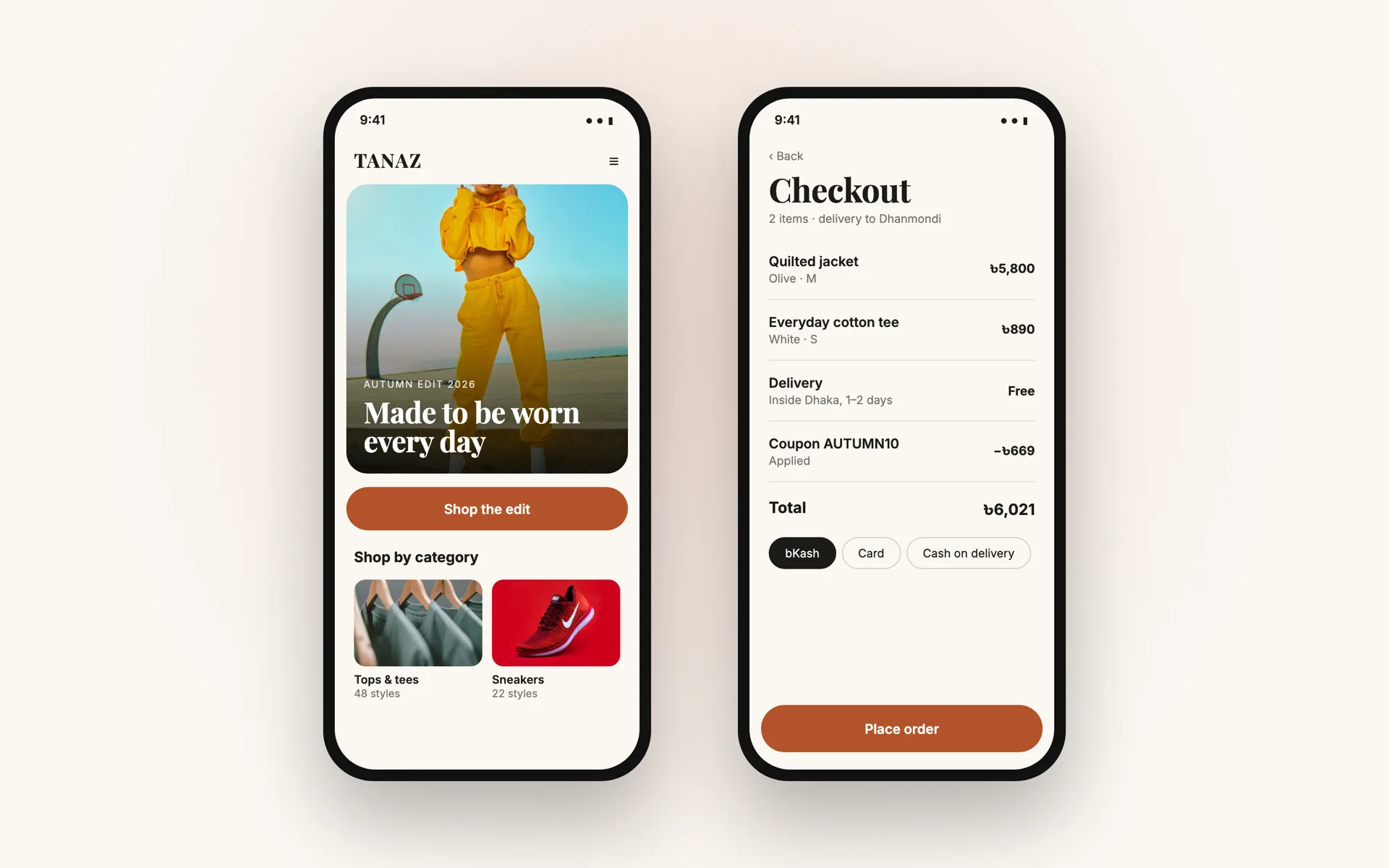 Example design — Checkout with bKash, on a phone