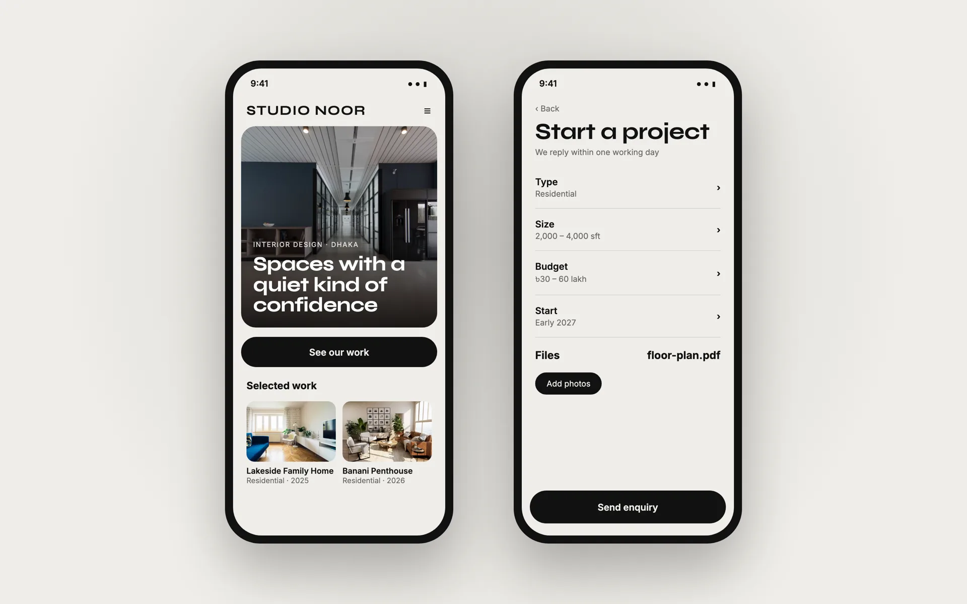 Example design — Project enquiry, on a phone